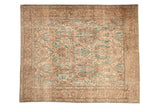 Distressed Turkish Sparta carpet, stylized allover pattern in dusty teal and sand, 7'10