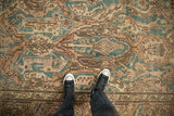 Worn distressed pile of vintage Turkish Sparta carpet, dusty teal and sand palmettes.