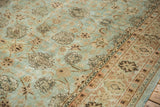 Distressed texture of a vintage Meshed carpet with brown spiraling vines on a powder blue field.