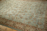 Low-pile texture and spiraling floral vines of a distressed powder blue Persian carpet.