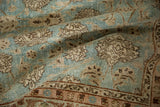 Distressed texture of a vintage rug showing worn pile over powder blue and beige floral motifs.