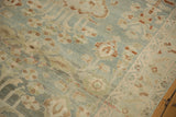 Distressed pile texture of a vintage Hamadan rug, showing pale blue, green, and rust floral motifs.