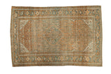 Vintage distressed Bibikabad rug with a diamond medallion and Turtle border in terracotta and dusty blue.