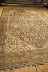 Distressed vintage Mahal rug detail: Herati pattern, Samovar Turtle border in soft charcoal, ivory, terracotta.