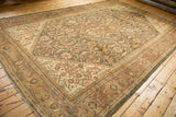 Vintage distressed Mahal rug corner, featuring Samovar Turtle border and Herati field in muted silver, terracotta, and ivory.