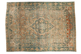 Vintage distressed Bijar rug, scalloped medallion, abrashed brown, faded teal, red dye lot change.