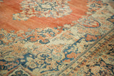 Detail of an Arak carpet's wide border showing scrolling florals in navy, sand, and terracotta.