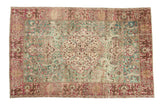 Vintage Distressed Tabriz rug with ocean green blue, raspberry floral medallion, 4'10