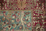 Vintage Tabriz rug pile with ocean green blue forest motif and raspberry red garden border.