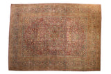 Vintage Distressed Persian Meshed carpet, scalloped medallion, allover arabesques, faded raspberry and blue.