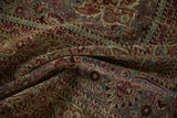 Distressed vintage Meshed carpet with intricate raspberry, slate blue, gold vines and palmettes.