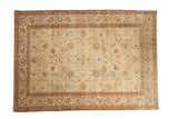 Distressed vintage Persian Kashan rug, beige field with palmettes, floral border, 7'7