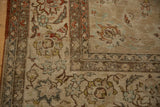 Distressed Kashan rug border and field detail with faded palmettes and vinery.