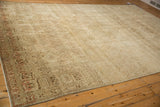 Distressed vintage Joshegan rug border, faded lattice, cypress tree patterns, and wear.
