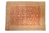 Vintage distressed Kashan rug with faded cherry red, blue palmettes, and floral borders, 8x11.