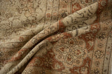 Vintage distressed Tabriz carpet with exposed foundation, chestnut rust and ivory floral patterns.