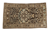 Distressed Persian Mehriban rug, charcoal field, floral-geometric patterns, dusty blue, ivory, 4x6.5.