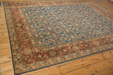 Afghani Mahal rug corner with rust Samovar Turtle design border, sapphire field.