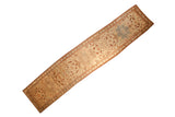 Antique distressed Karabagh runner, time-softened apricot field, triple starburst medallions, red-blue botanical motifs.