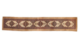 Antique Serab runner with diamond medallions, intricate Herati design, and a camel and navy palette.