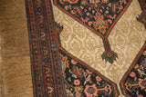 Antique Serab rug border detail, natural camel ground, navy Herati diamond motif, mostly even wear.