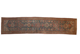 Distressed vintage Malayer runner, central medallion, allover florals in dusty blue and cherry red.