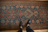 Vintage Distressed Malayer runner: serpent stylized vine border, dusty blue field, octagonal floral motifs.