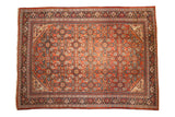 Vintage Mahal carpet with an allover Herati design in brick red, navy blue, and powder blue.