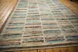 Detailed view of the soft shaggy pile with striped bands of dusty rose, blue, and brown.