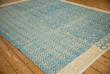 Afghani modern carpet detail: mixed weave featuring chevron, abstract, and roundel motifs. Pale turquoise, cream.