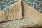 Afghani modern rug's flat weave, raised turquoise pile, and woven foundation.