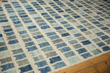 Textured pile showing blue, teal, silver geometric blocks in an Afghani modern design.