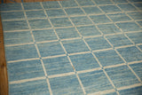 Afghani Modern design carpet showing geometric ivory grid on striated powder blue.