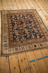 Distressed antique Caucasian square rug, navy blue and dusty blush geometric design, 3'5