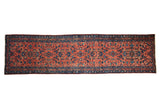 Vintage Mehrivan runner with allover blush red field, sapphire blue geometric florals, birds, and boteh border.