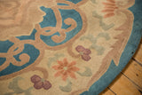 Serrated leaf border of the antique Chinese Arts and Crafts rug with dusty blue, beige, and pale blossom motifs.