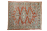 Vintage distressed Persian Veece carpet with triple geometric medallions in rust red and powder blue.