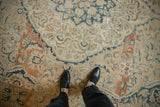 Distressed vintage Meshed rug texture with faded blue and terracotta colors.