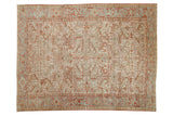 Vintage distressed Heriz carpet with an allover geometric design in pomegranate red, powder blue, and ivory.
