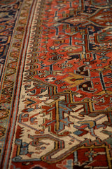 Vintage Heriz carpet main border with Turtle Samovar, Herati stylized vines, brick red, navy, ivory.
