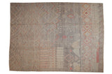 Pakistani Moroccan carpet with a pictorial landscape and geometric patterns in muted silver, red, and saffron.