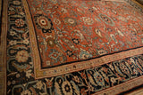 Expressive paisley and vine motifs on the madder red field beside the dark Herati border.