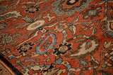 Expressive scrolled paisley and polychromatic vines on a madder red antique carpet.