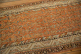 Angled view of germinating plant motifs and intricate borders on a distressed Malayer runner.
