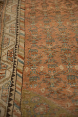 Intricate serrated and barber pole borders on a distressed vintage Persian Malayer runner.