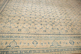 Detailed view of the distressed Mahal's mostly even wear, showcasing the ivory and blue pile.