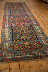Full length view of a vintage Hamadan runner's colorful, repeating geometric and floral field.