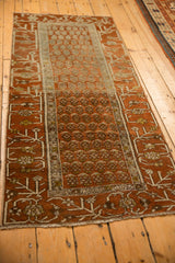Antique Hamadan runner with a repeating boteh pattern, viewed from a high, long angle.