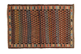 Antique Caucasian rug, dark field with rainbow-filled germinating blossoms and geometric border, 3'3
