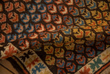 Staggered rows bearing germinating blossoms in madder root red, saffron yellow, and powder blue hues.
